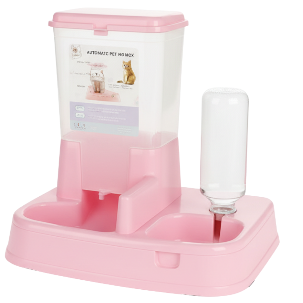Pink and clear automatic pet feeder on a white background