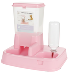 Pink and clear automatic pet feeder on a white background