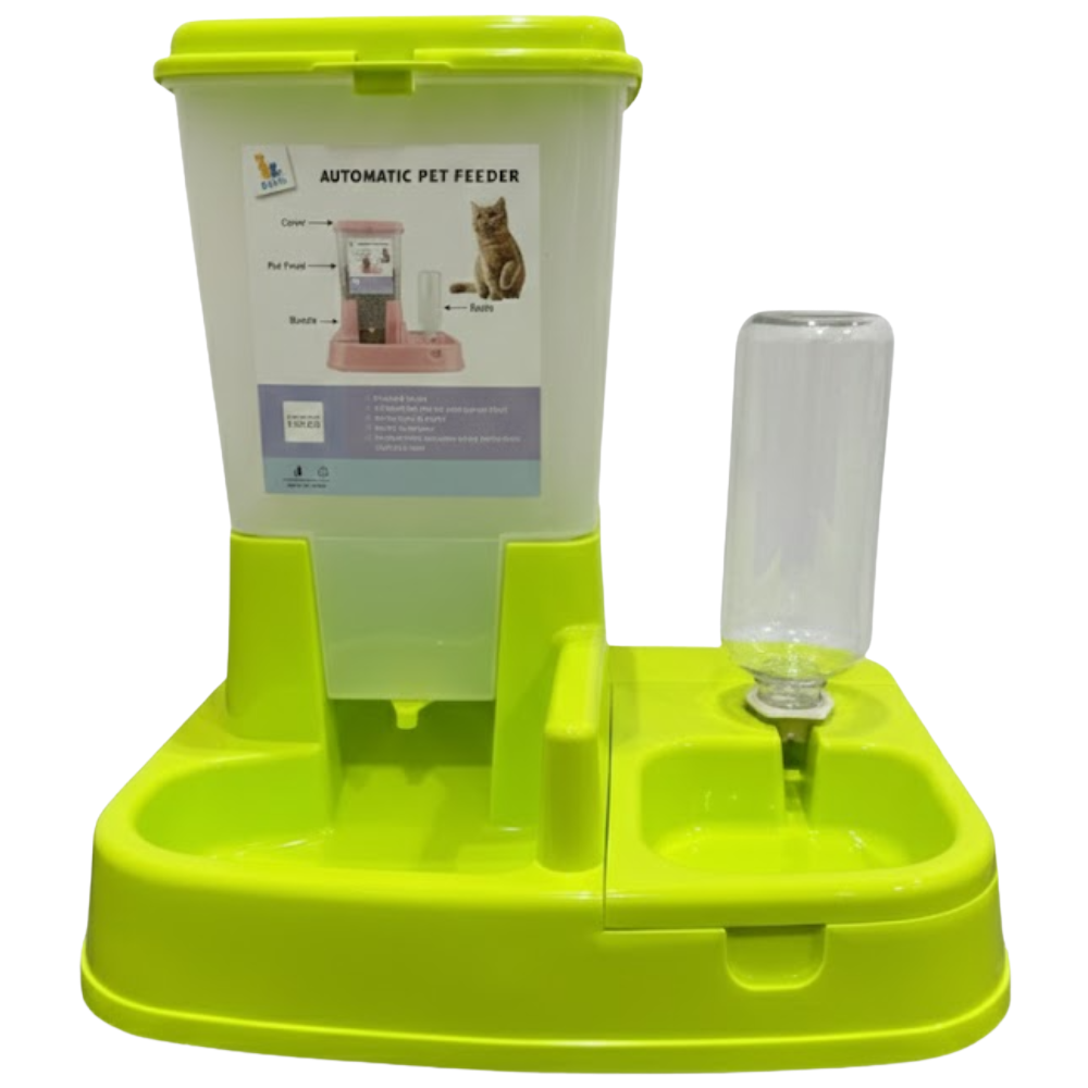 Green and white automatic pet feeder on a white background