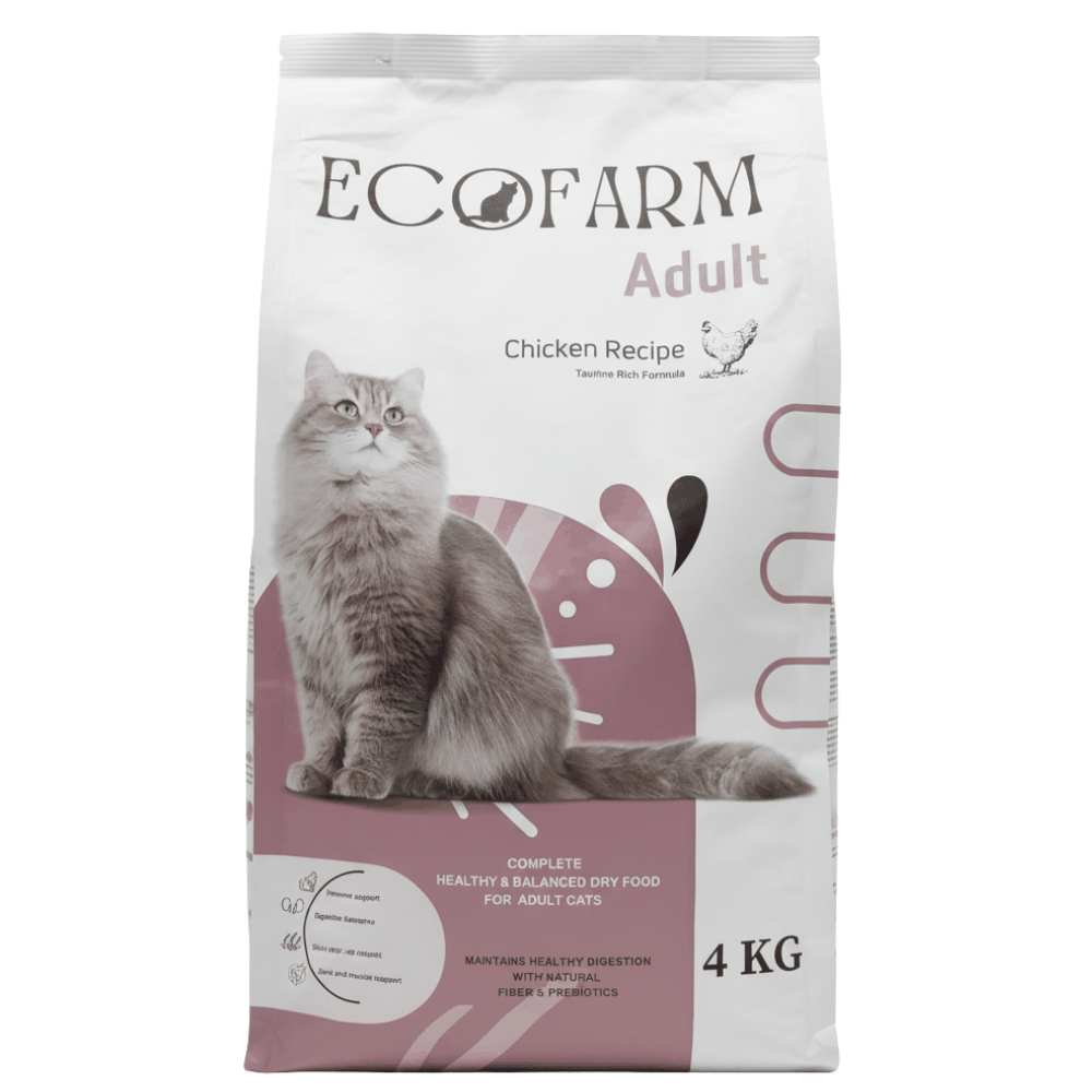 EcoFarm Adult cat food package with a cat on the label