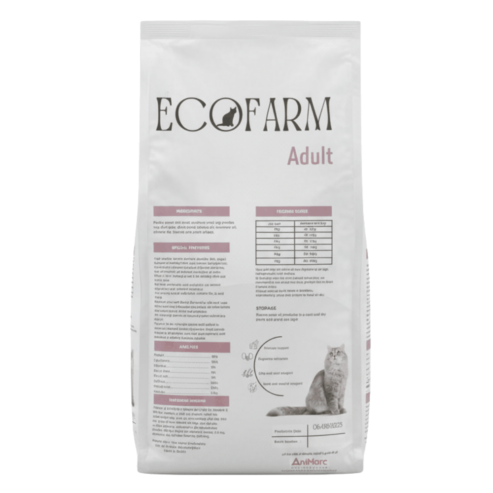 Bag of EcoFarm Adult cat food on a white background
