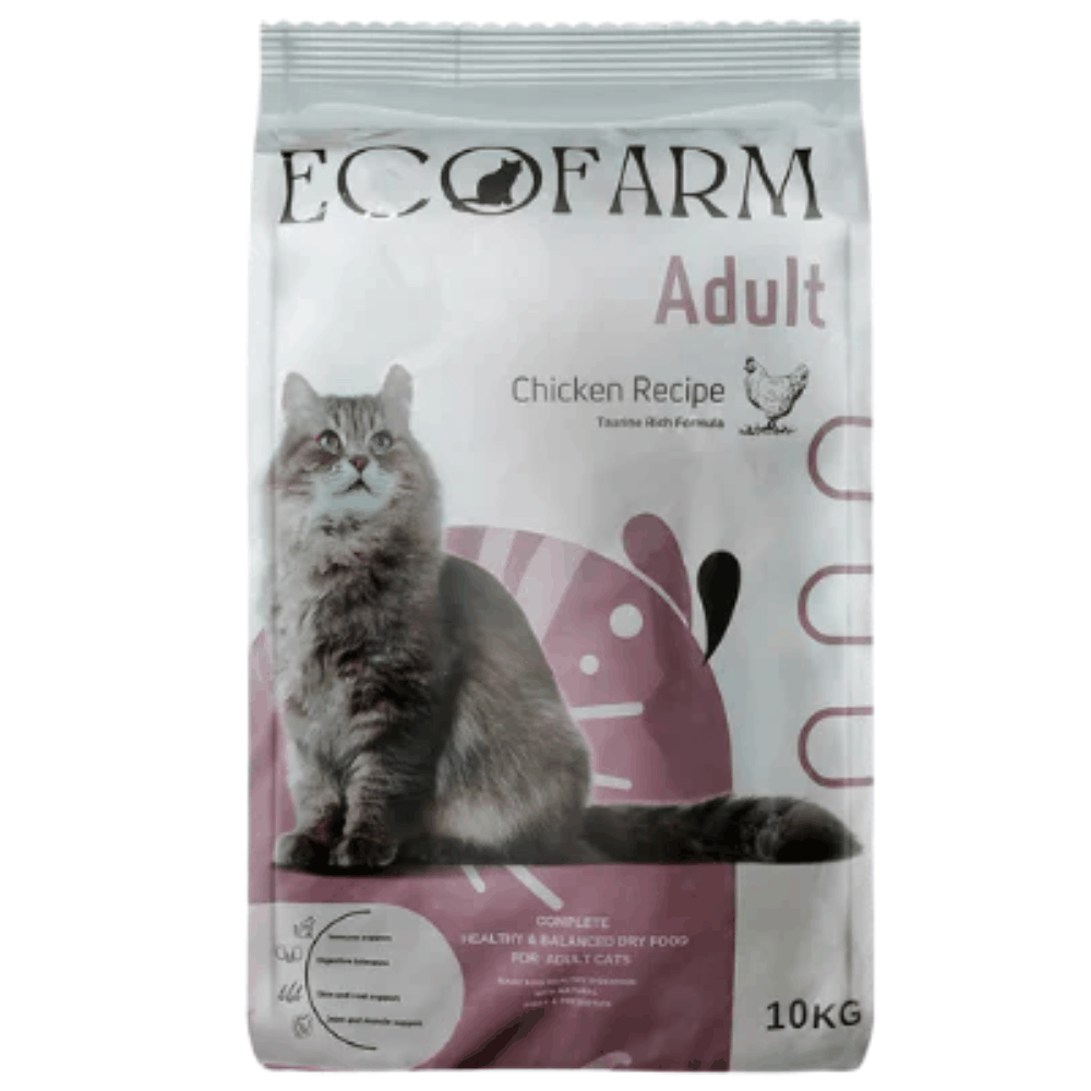EcoFarm Adult Chicken Recipe cat food package on a white background