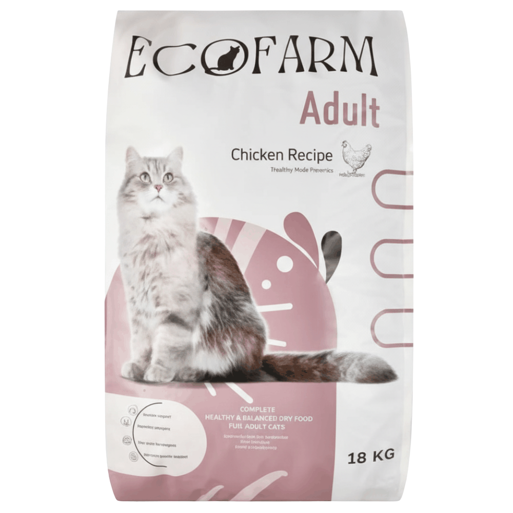EcoFarm Adult Chicken Recipe cat food packaging with a cat on the front.