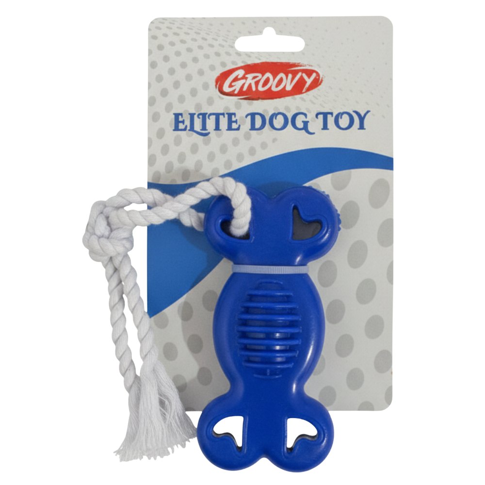 Blue dog toy with white rope on a Groovy Elite Dog Toy packaging