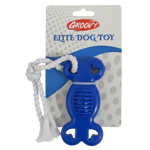 Blue dog toy with white rope on a Groovy Elite Dog Toy packaging