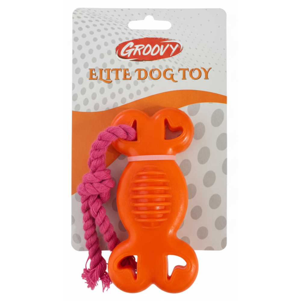 Orange dog toy with pink rope on a Groovy branded packaging