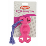 Pink dog toy with a purple rope on a Groovy branded packaging