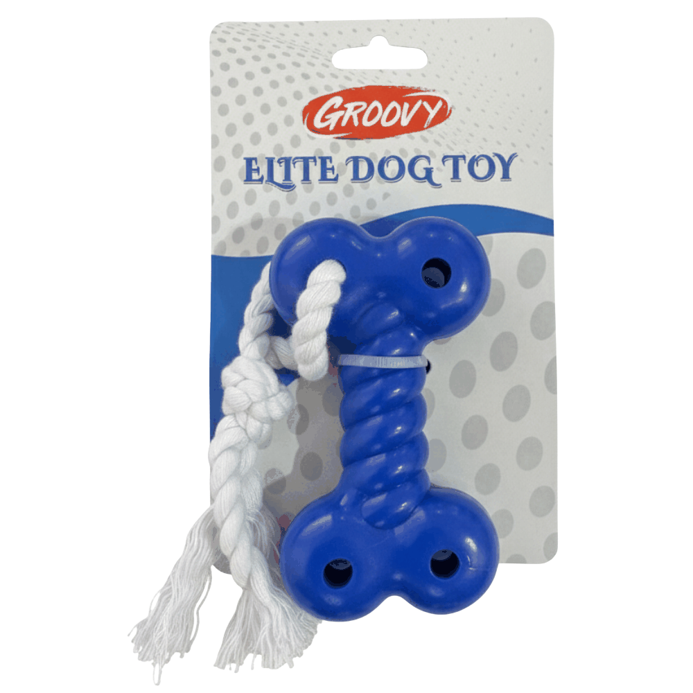 Blue bone-shaped dog toy with white rope on a Groovy branded packaging