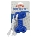 Blue bone-shaped dog toy with white rope on a Groovy branded packaging