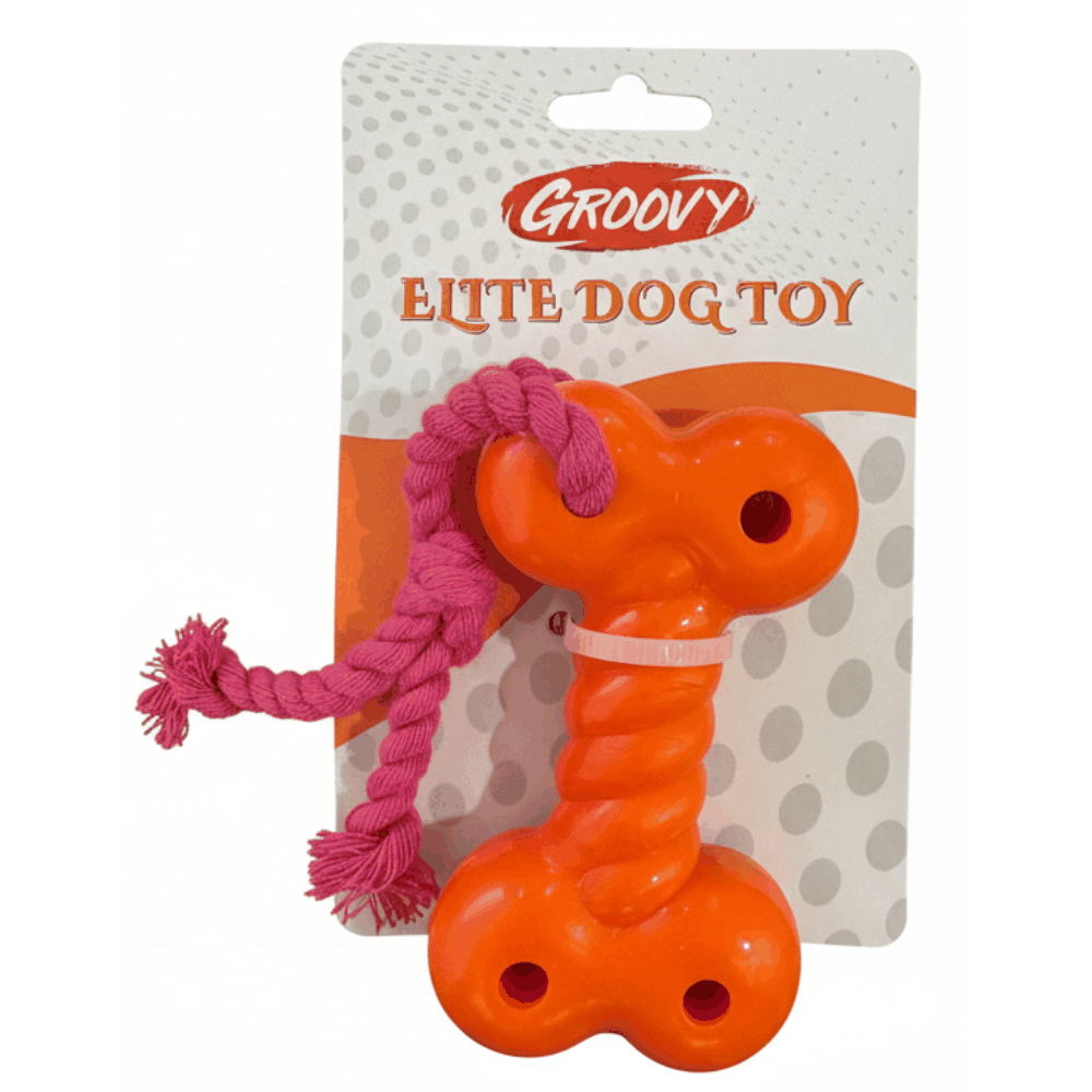 Orange dog toy with pink rope on a Groovy branded card