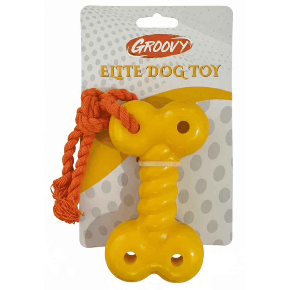 Yellow dog toy with orange rope on a Groovy branded card