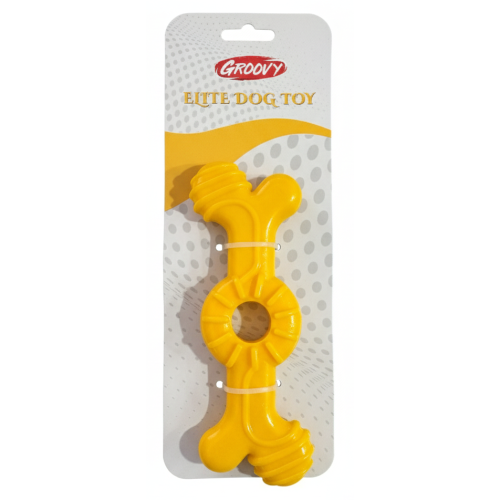 Yellow dog toy on aGroovy branded packaging with a white background