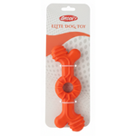 Orange dog toy on a white packaging with 'Groovy' branding