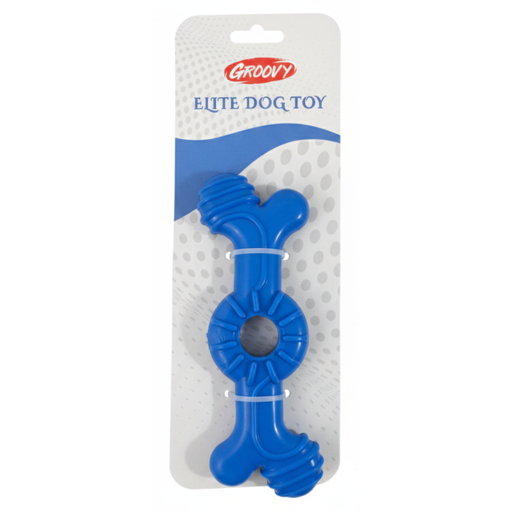 Blue dog toy in packaging with 'Groovy' branding on a white background