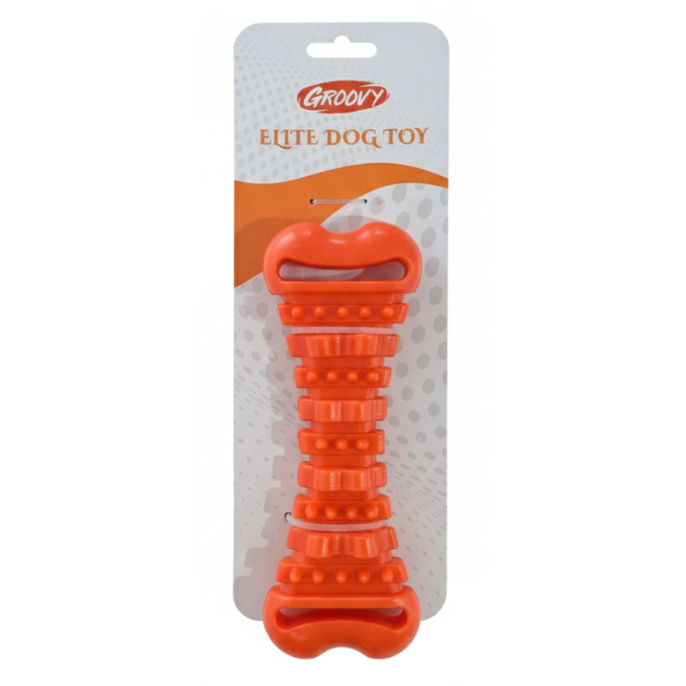 Orange dog toy with 'Groovy' branding on a white background