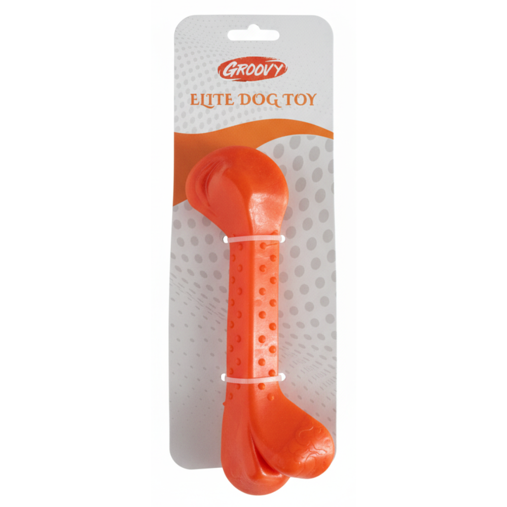 Orange dog toy in packaging with 'Groovy' branding on a white background