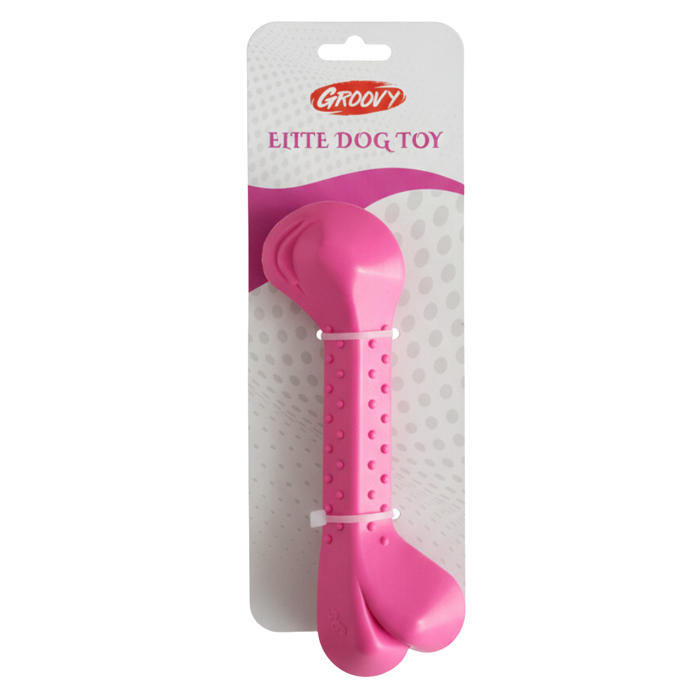 Pink dog toy with 'Groovy' branding on a white background