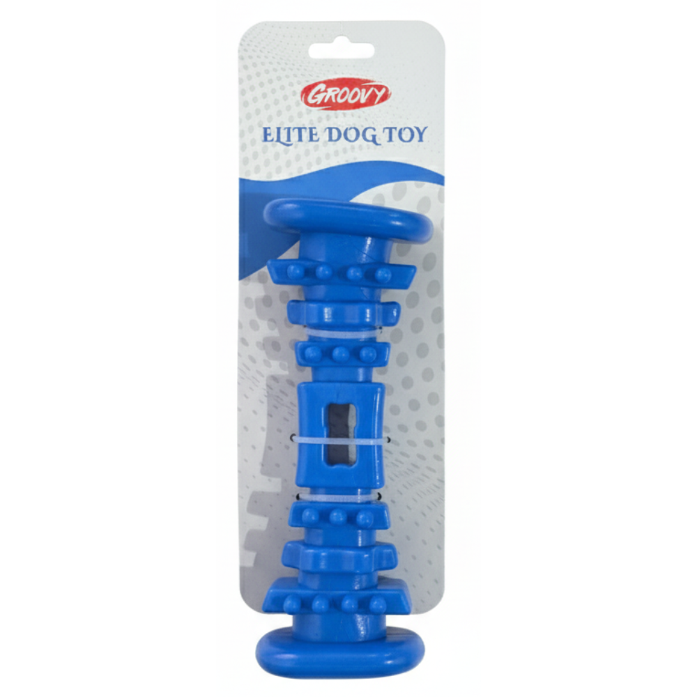 Blue dog toy with packaging labeled 'Groovy Elite Dog Toy' on a white background