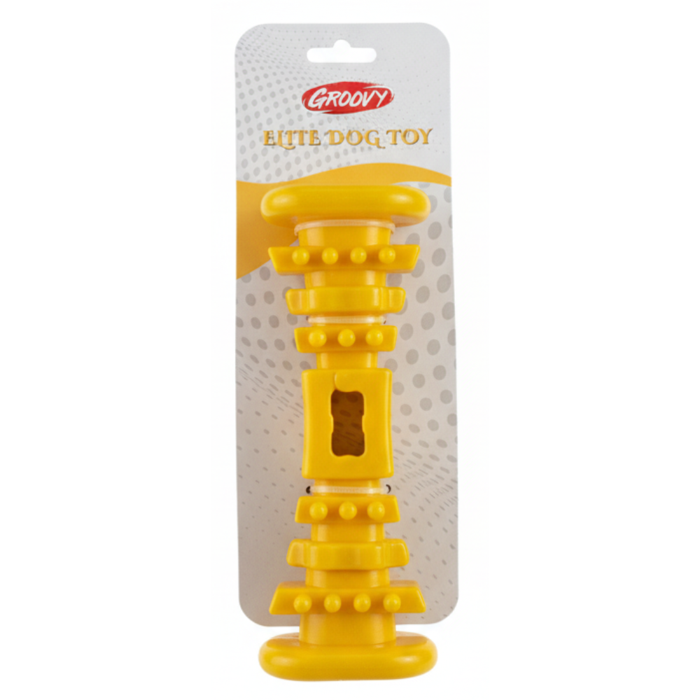 Yellow dog toy with 'Groovy' branding on a white background