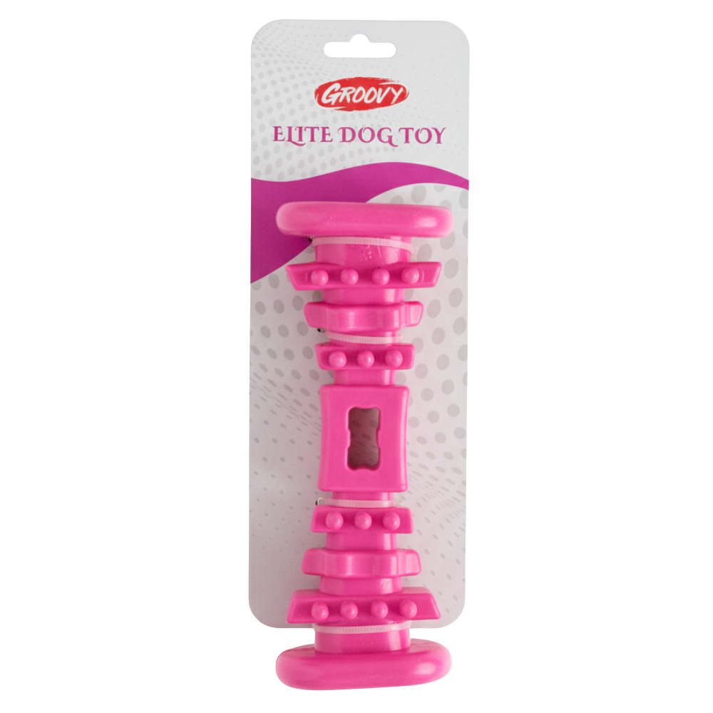 Pink dog toy with 'Groovy' branding on a white background