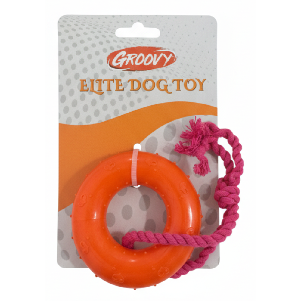 Orange dog toy with pink rope on a Groovy branded package