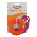 Orange dog toy with pink rope on a Groovy branded package