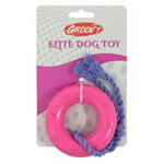 Pink dog toy with purple rope on a Groovy branded package