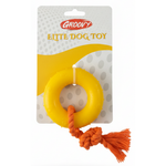 Yellow dog toy with orange rope on a Groovy branded package