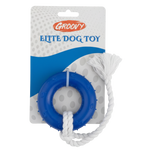 Blue dog toy with rope on a white background, featuring the brand 'Groovy'.
