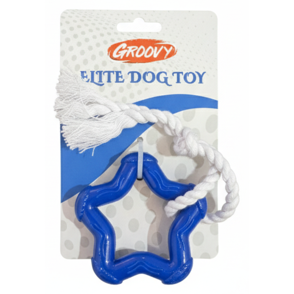 Blue star-shaped dog toy with white rope on Groovy packaging