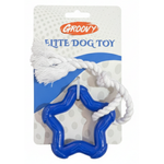 Blue star-shaped dog toy with white rope on Groovy packaging