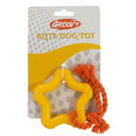 Yellow dog toy with orange rope on a Groovy branded package