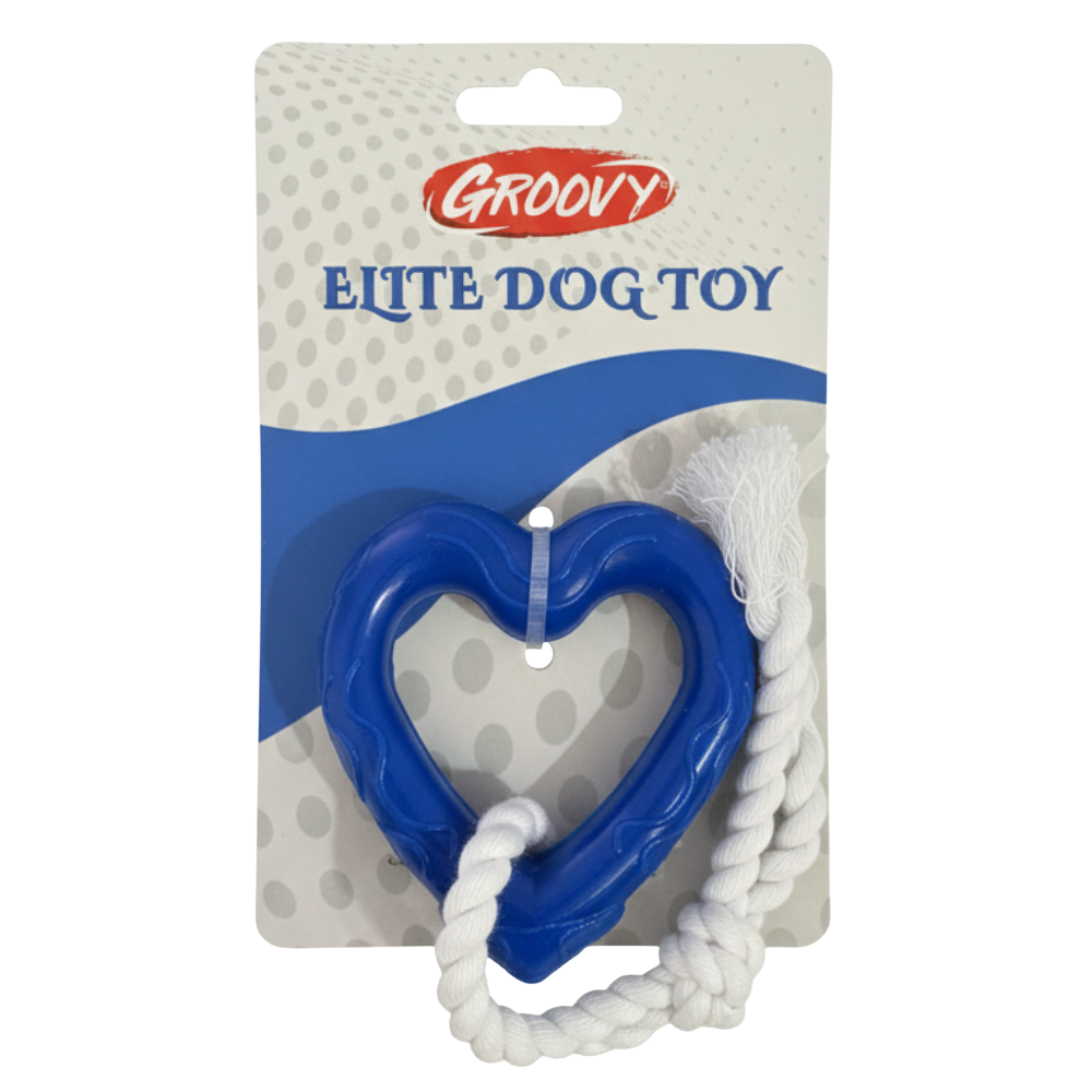 Blue heart-shaped dog toy with white rope on a Groovy packaging