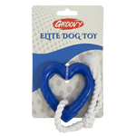 Blue heart-shaped dog toy with white rope on a Groovy packaging