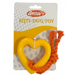 Yellow heart-shaped dog toy with orange rope on Groovy packaging