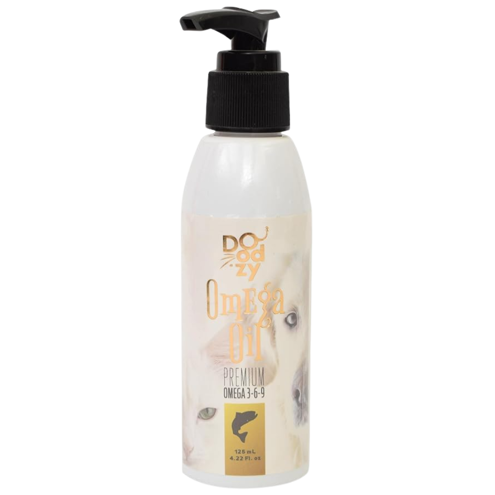 Bottle of doggy Omega 3 oil on a white background