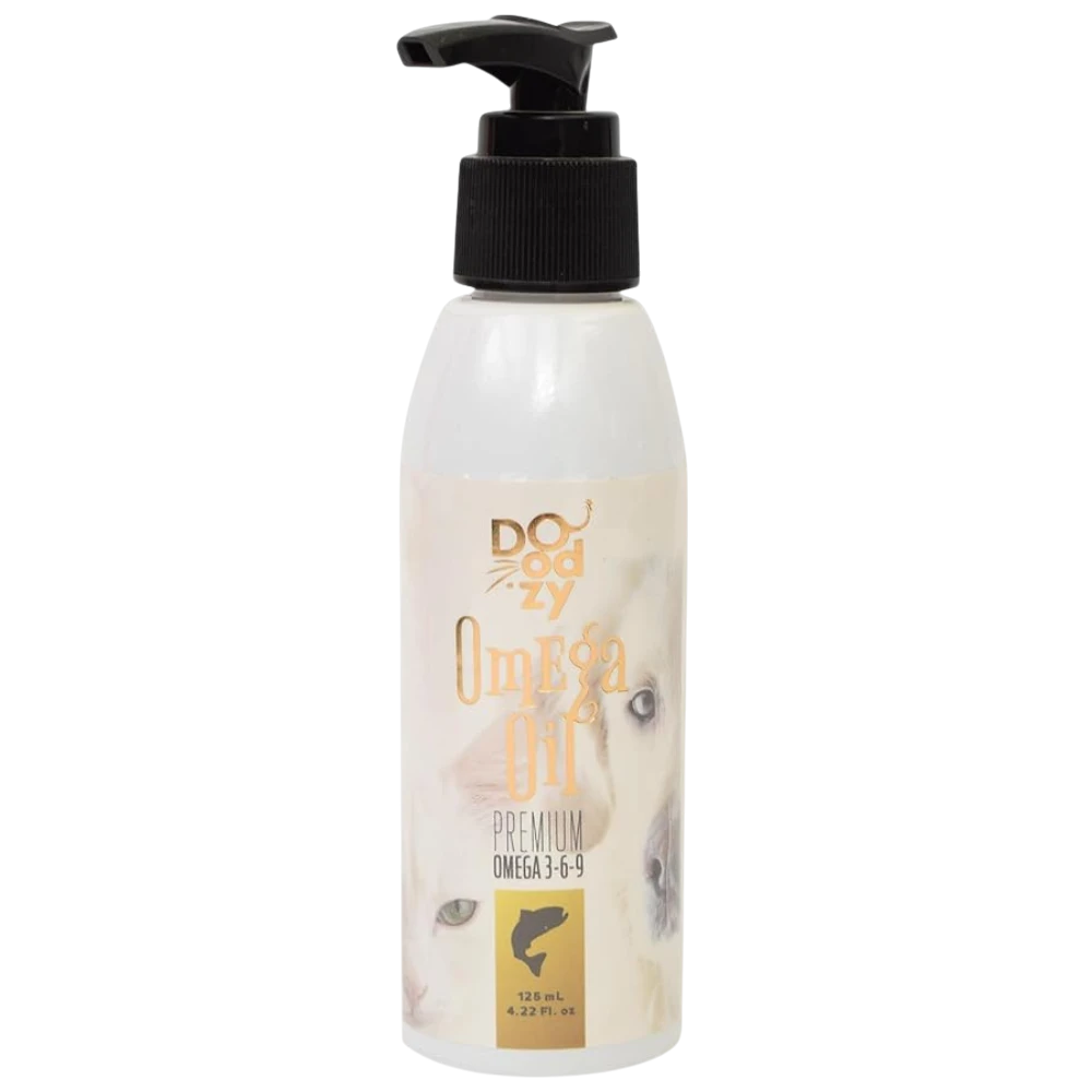 Bottle of doggy Omega 3 oil on a white background
