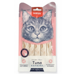 Cat treat package with a pink background featuring a cat's face and text about the treats.