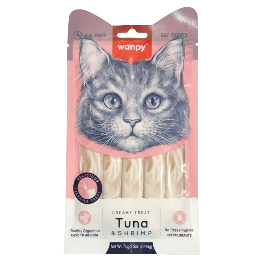 Cat treat package with a pink background featuring a cat's face and text about the treats.
