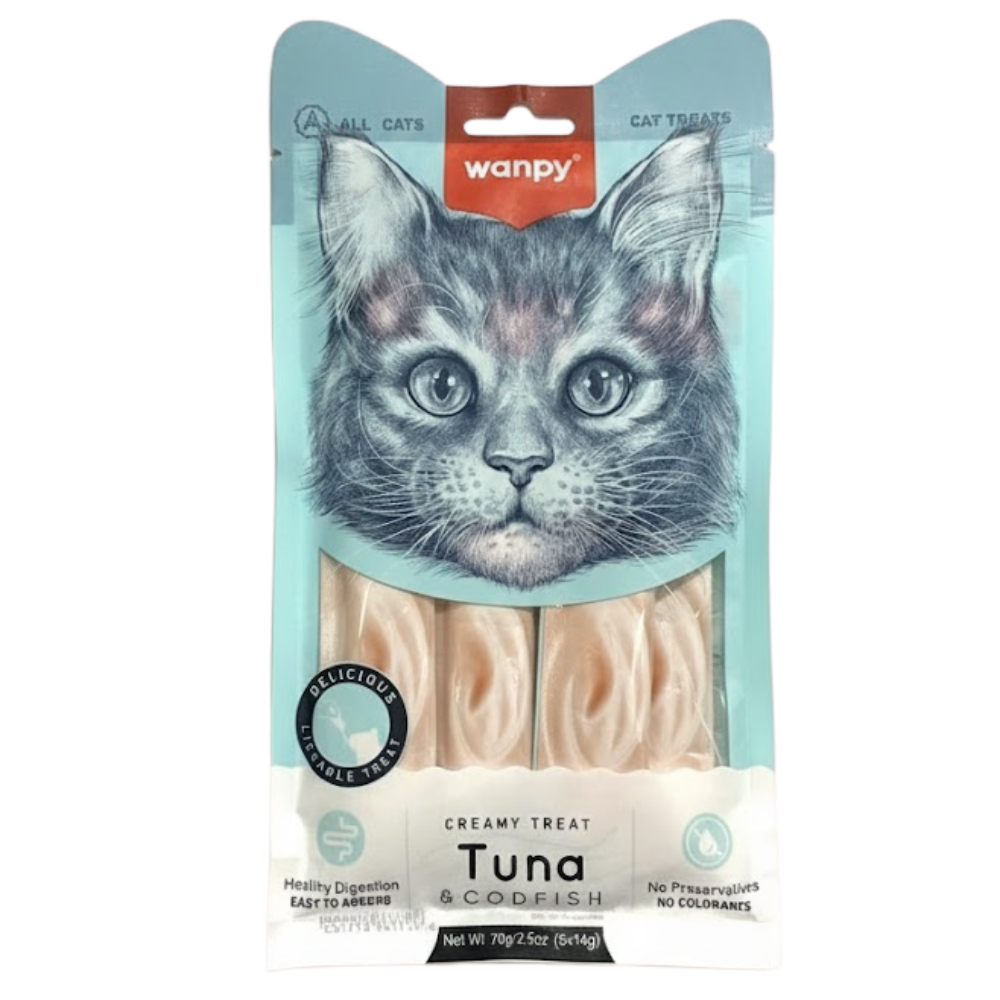 Cat treat package with Wanpy branding and a cat illustration on a light blue background