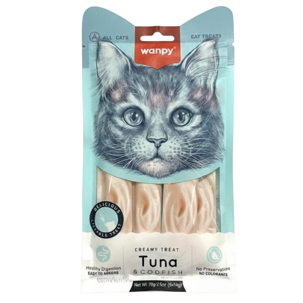 Cat treat package with Wanpy branding and a cat illustration on a light blue background