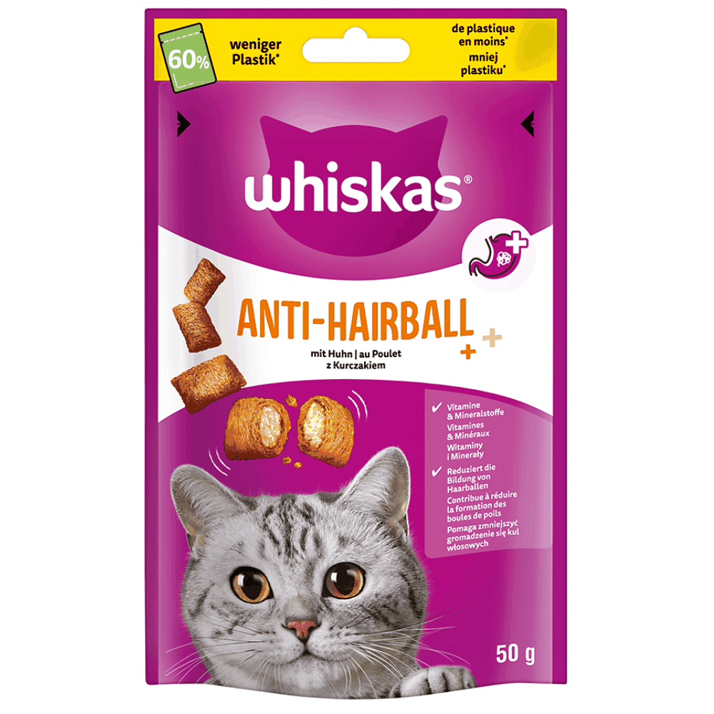 Whiskas Anti-Hairball cat treat package with a purple background
