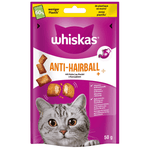 Whiskas Anti-Hairball cat treat package with a purple background