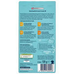 Back of a blue pet food packaging with text and graphics on a white background