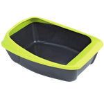 Black pet litter box with green rim on a white background