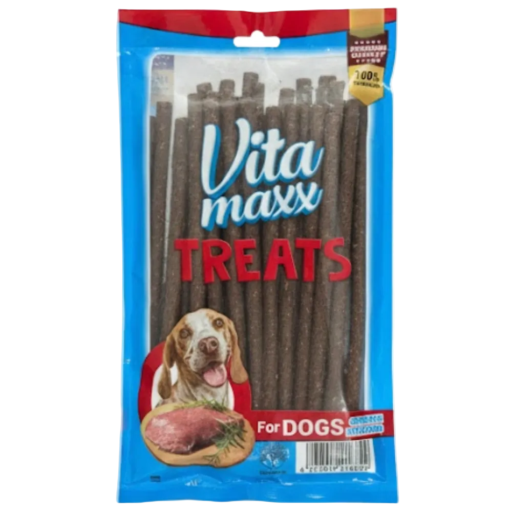 Vitamaxx Treats for dogs packaging with blue and red design.