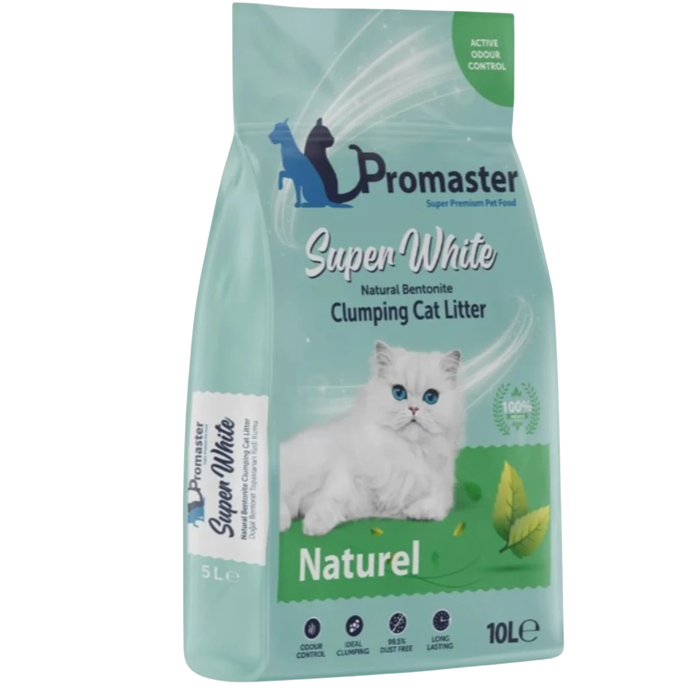 Promaster Super White clumping cat litter packaging on a white background