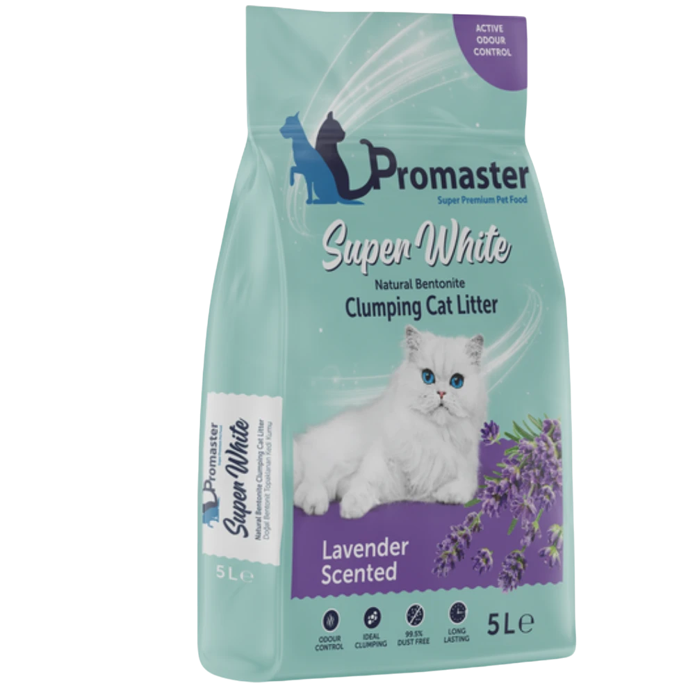 Promaster Super White cat litter package with a white cat on a light green background