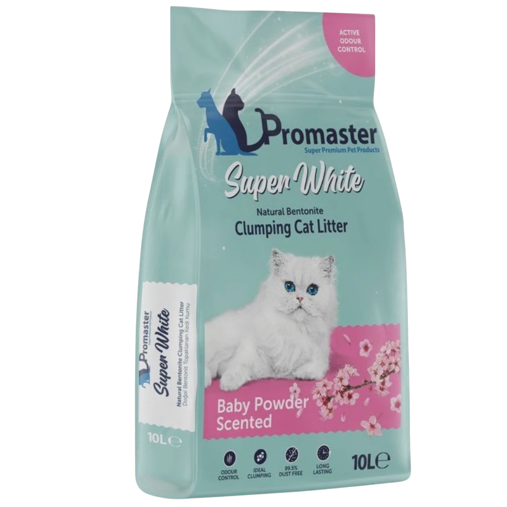 Promaster Super White clumping cat litter bag with a white cat on a light blue background
