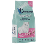 Promaster Super White clumping cat litter bag with a white cat on a light blue background